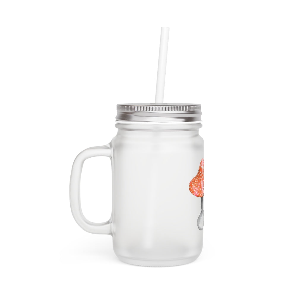 A stylish 16oz Mushroom Mason Jar made of frosted glass, featuring a lid and straw, perfect for personalized drinks.