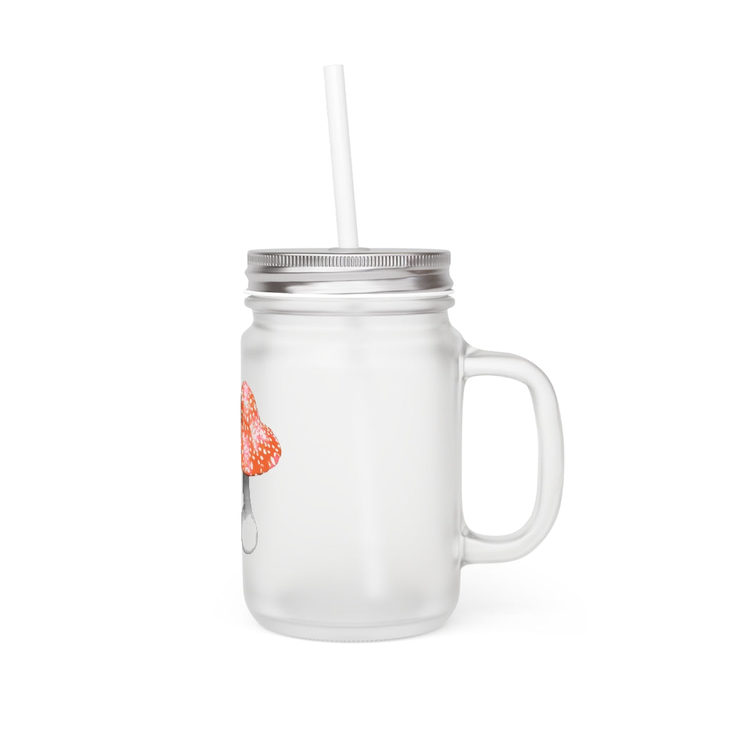 A stylish 16oz Mushroom Mason Jar made of frosted glass, featuring a lid and straw, perfect for personalized drinks.