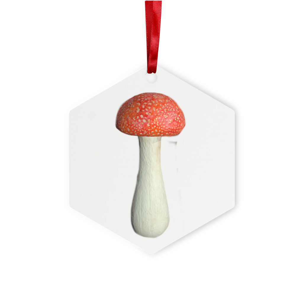 Mushroom Metal Hanging Ornament in hexagon and star shapes, featuring a gloss white finish and red ribbon for hanging.