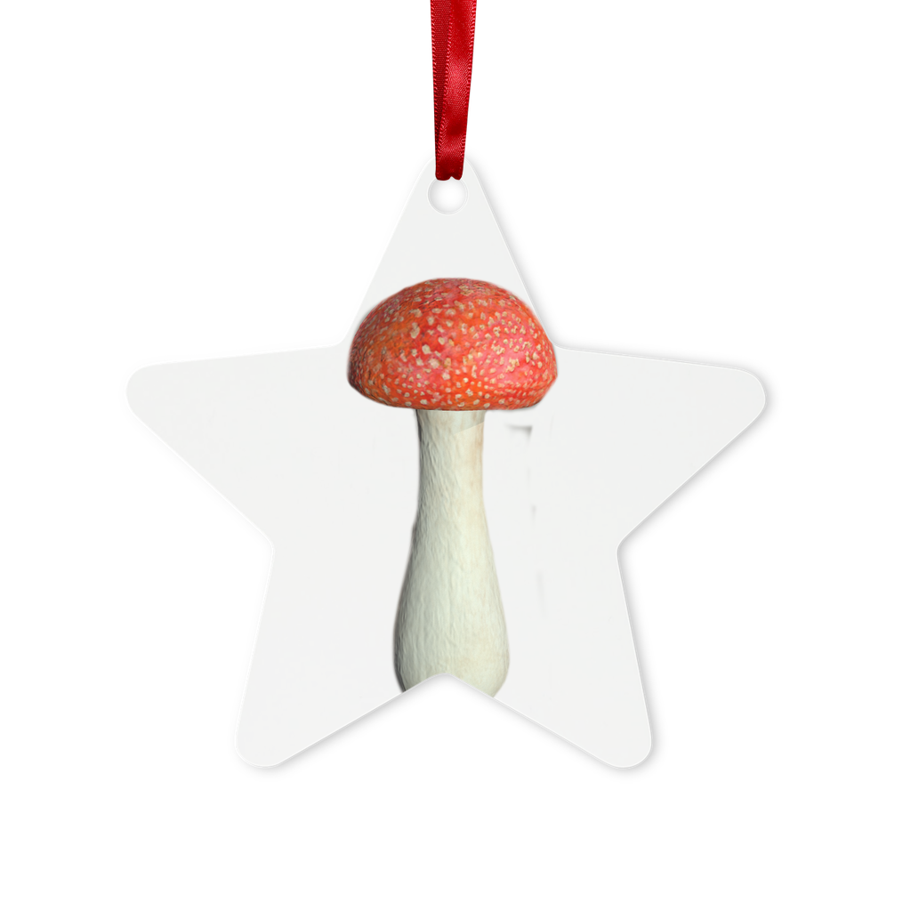 Mushroom Metal Hanging Ornament in hexagon and star shapes, featuring a gloss white finish and red ribbon for hanging.