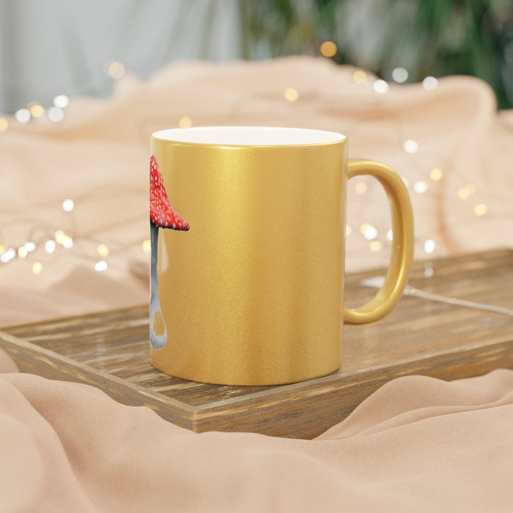 A stylish Mushroom Metallic Mug in silver and gold finishes, showcasing its customizable design and elegant C-handle.