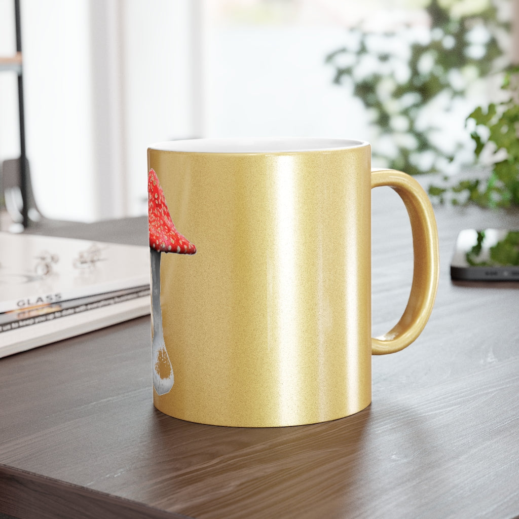 A stylish Mushroom Metallic Mug in silver and gold finishes, showcasing its customizable design and elegant C-handle.