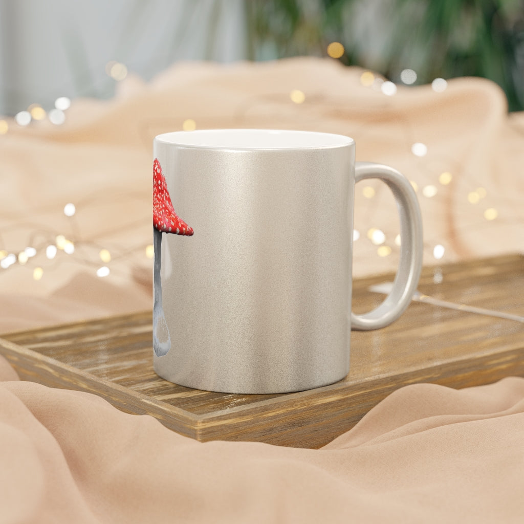 A stylish Mushroom Metallic Mug in silver and gold finishes, showcasing its customizable design and elegant C-handle.