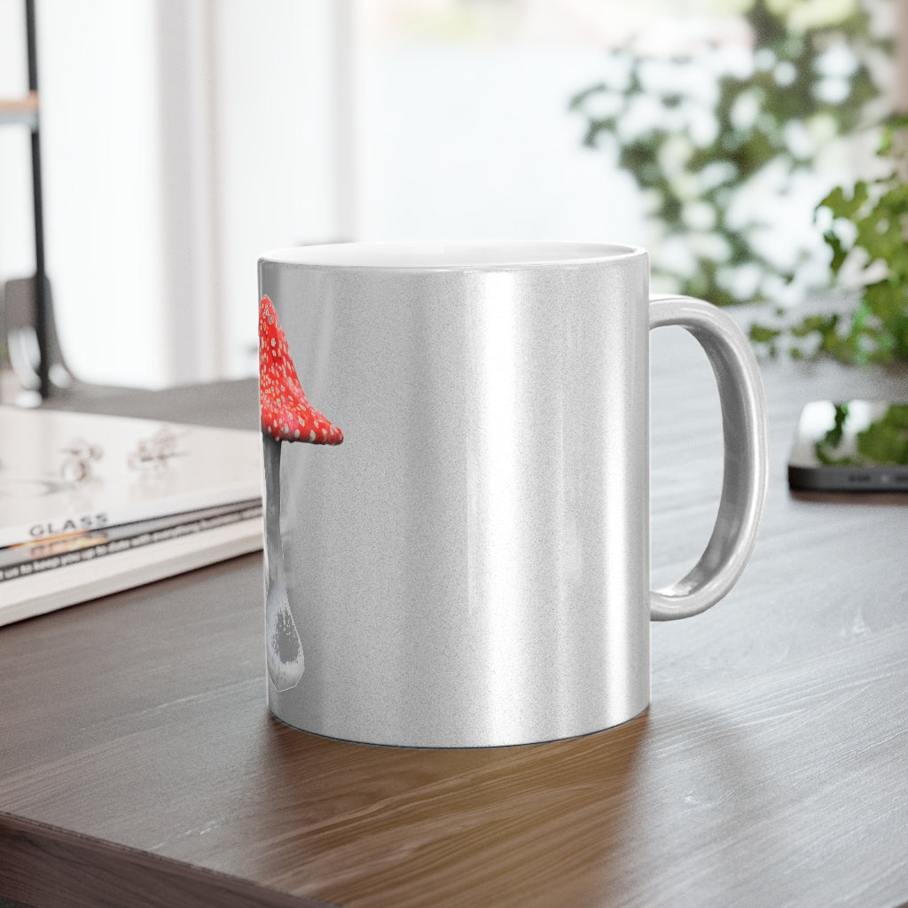 A stylish Mushroom Metallic Mug in silver and gold finishes, showcasing its customizable design and elegant C-handle.