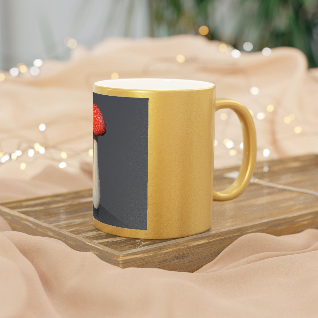 A stylish Mushroom Metallic Mug in Gold and Silver finishes, showcasing personalized designs on both sides.