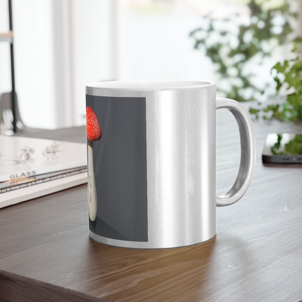 A stylish Mushroom Metallic Mug in Gold and Silver finishes, showcasing personalized designs on both sides.