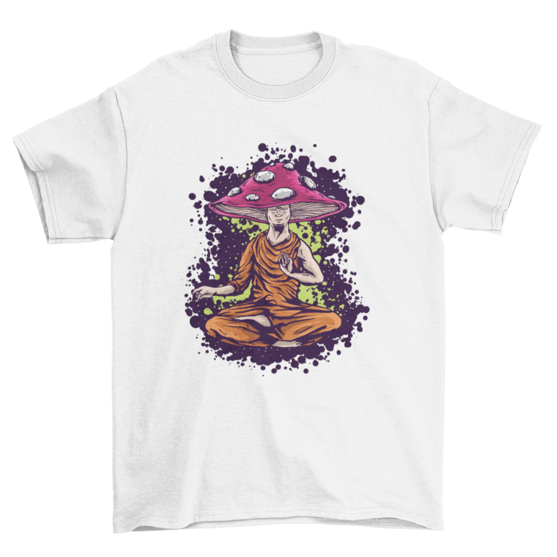 Illustration of a mushroom monk on a stylish t-shirt, showcasing vibrant colors and intricate details.