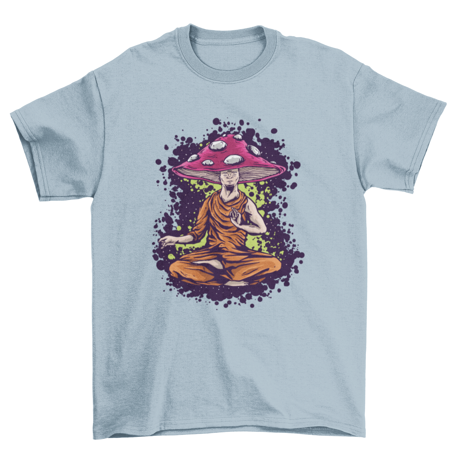 Illustration of a mushroom monk on a stylish t-shirt, showcasing vibrant colors and intricate details.