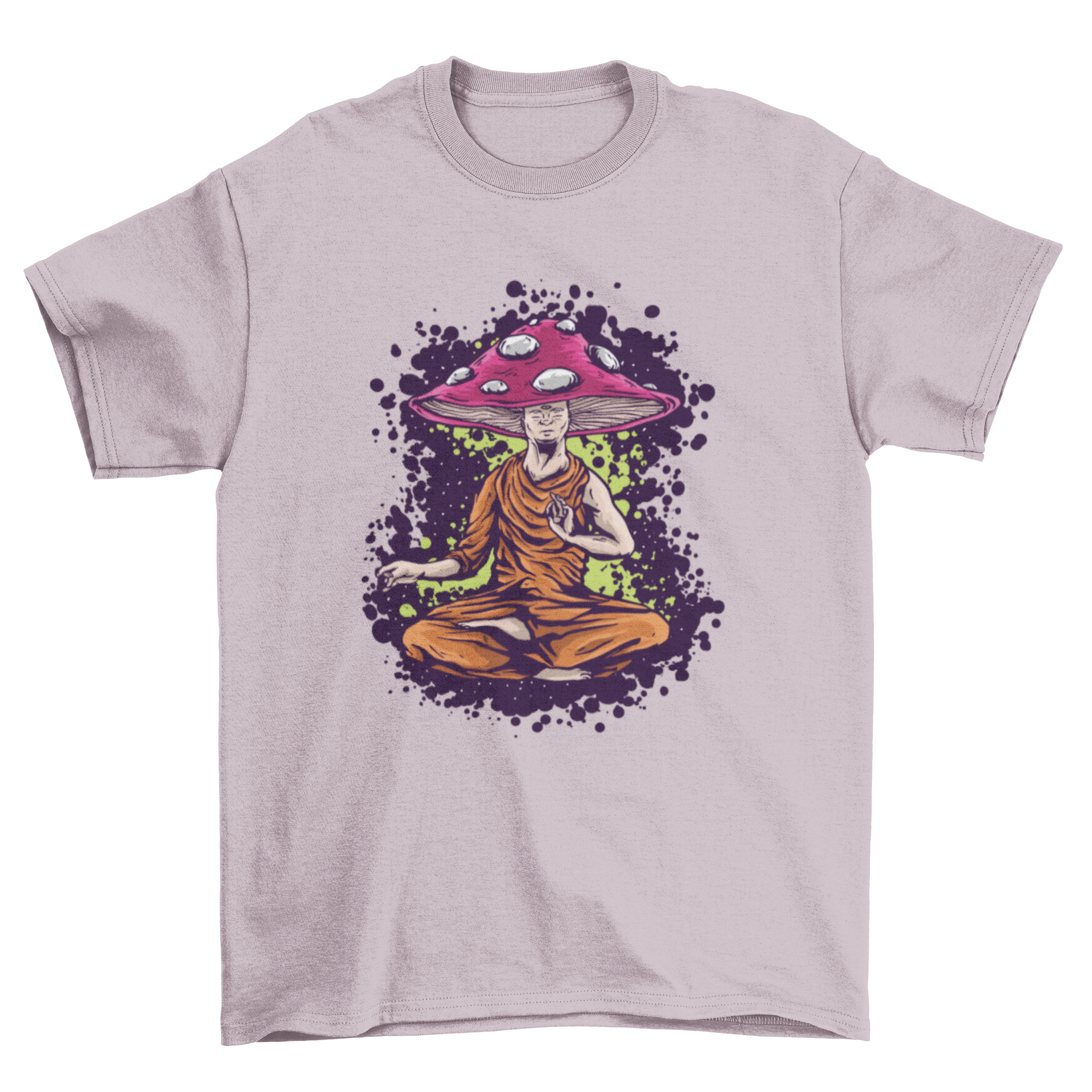 Illustration of a mushroom monk on a stylish t-shirt, showcasing vibrant colors and intricate details.