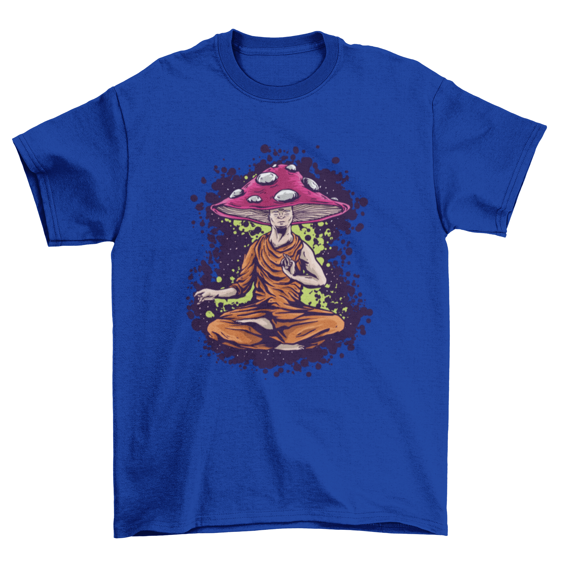 Illustration of a mushroom monk on a stylish t-shirt, showcasing vibrant colors and intricate details.