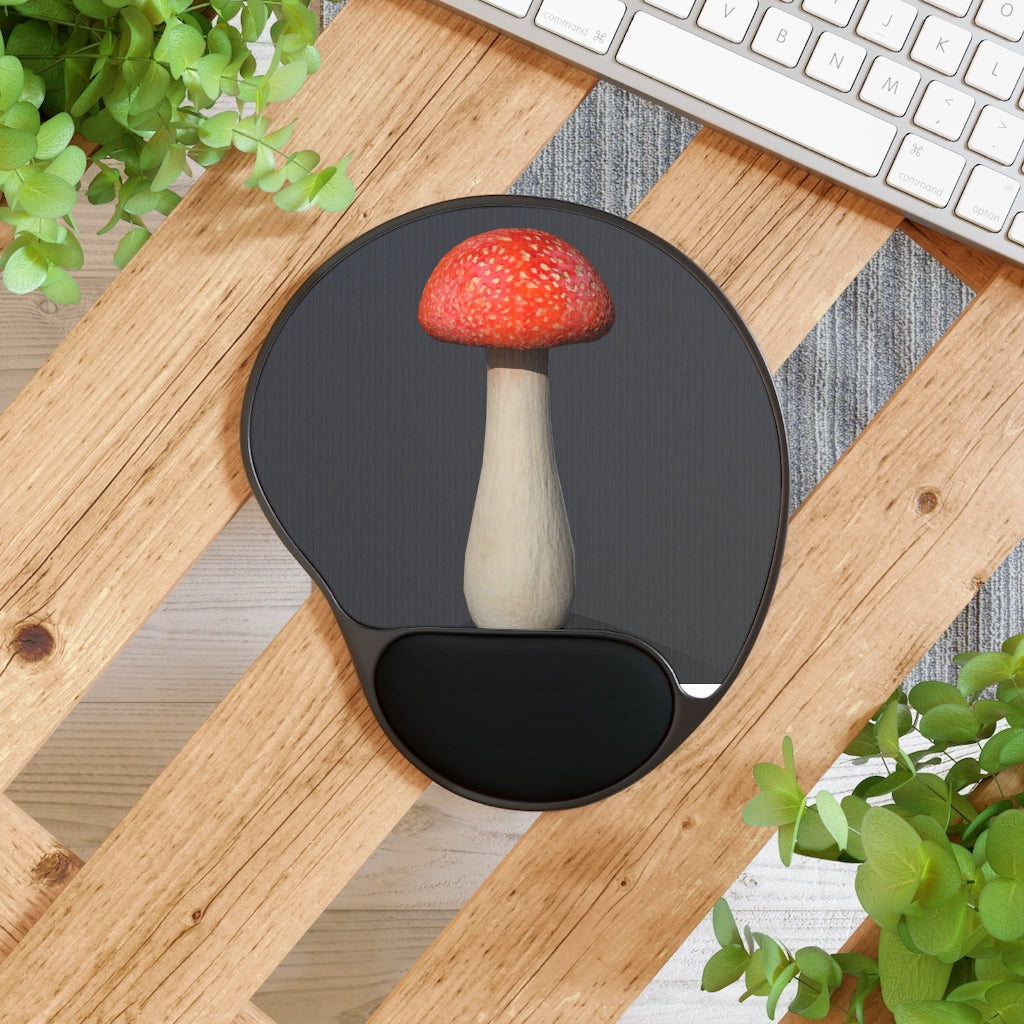 Mushroom Mouse Pad with ergonomic wrist rest and custom neoprene insert, featuring a foot-shaped design.