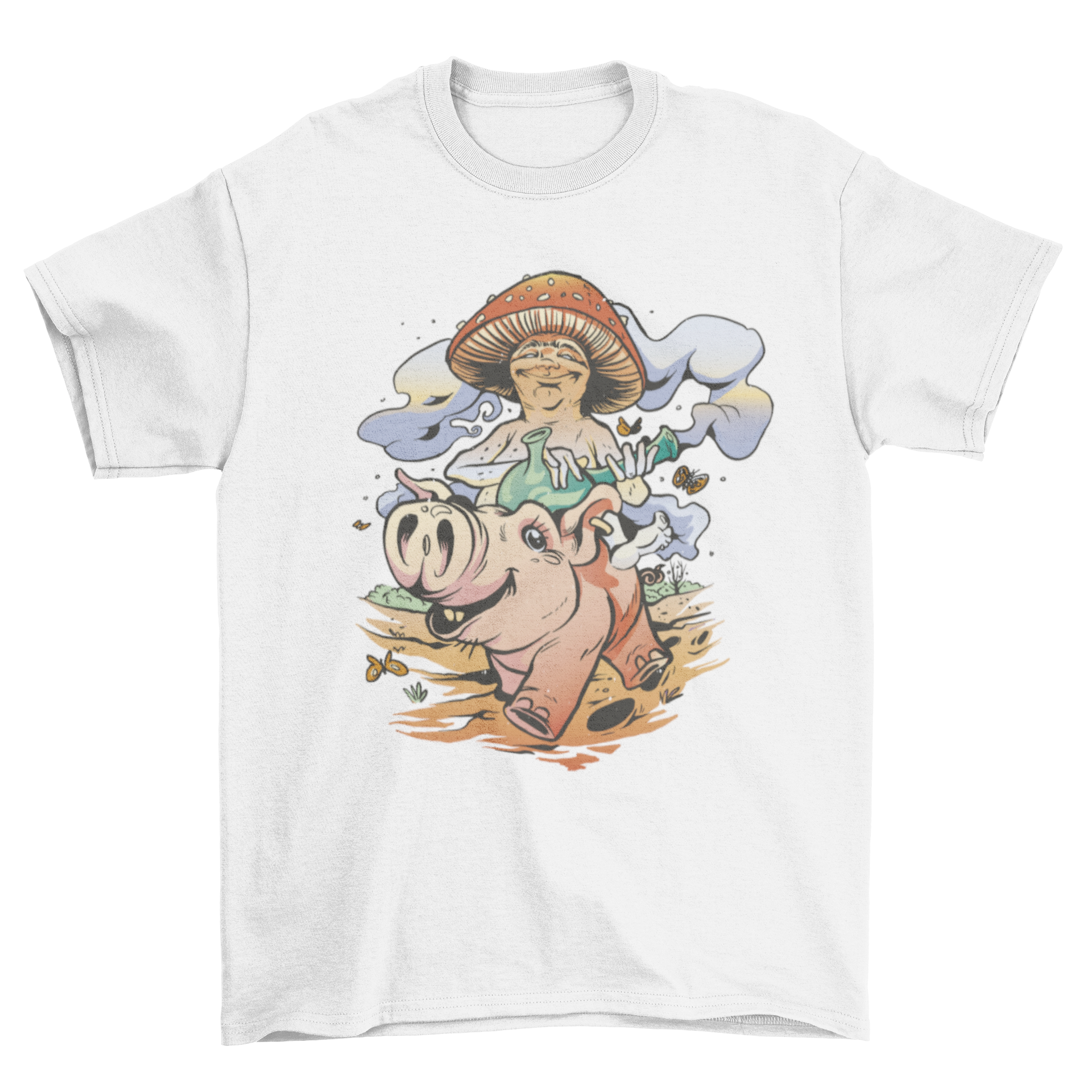 A colorful cartoon t-shirt featuring a mushroom with a bong riding on a pig, showcasing a fun and whimsical design.