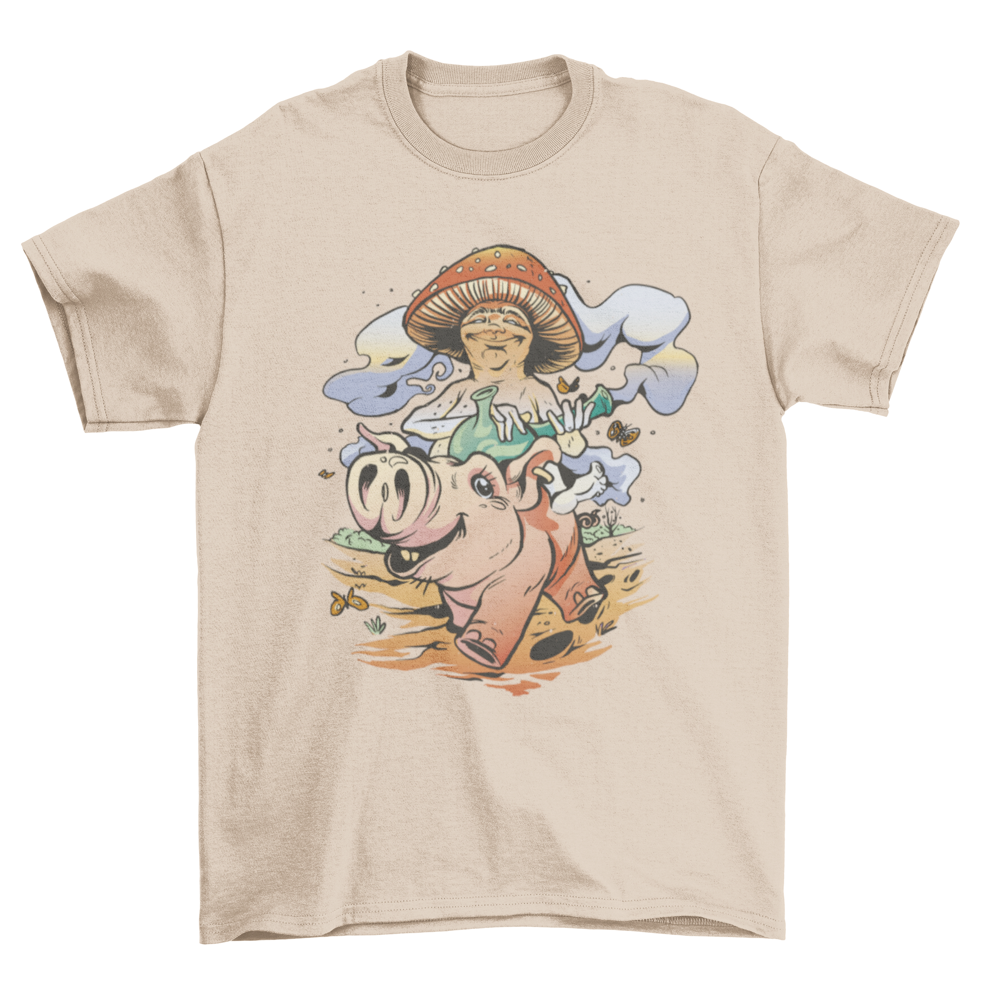 A colorful cartoon t-shirt featuring a mushroom with a bong riding on a pig, showcasing a fun and whimsical design.