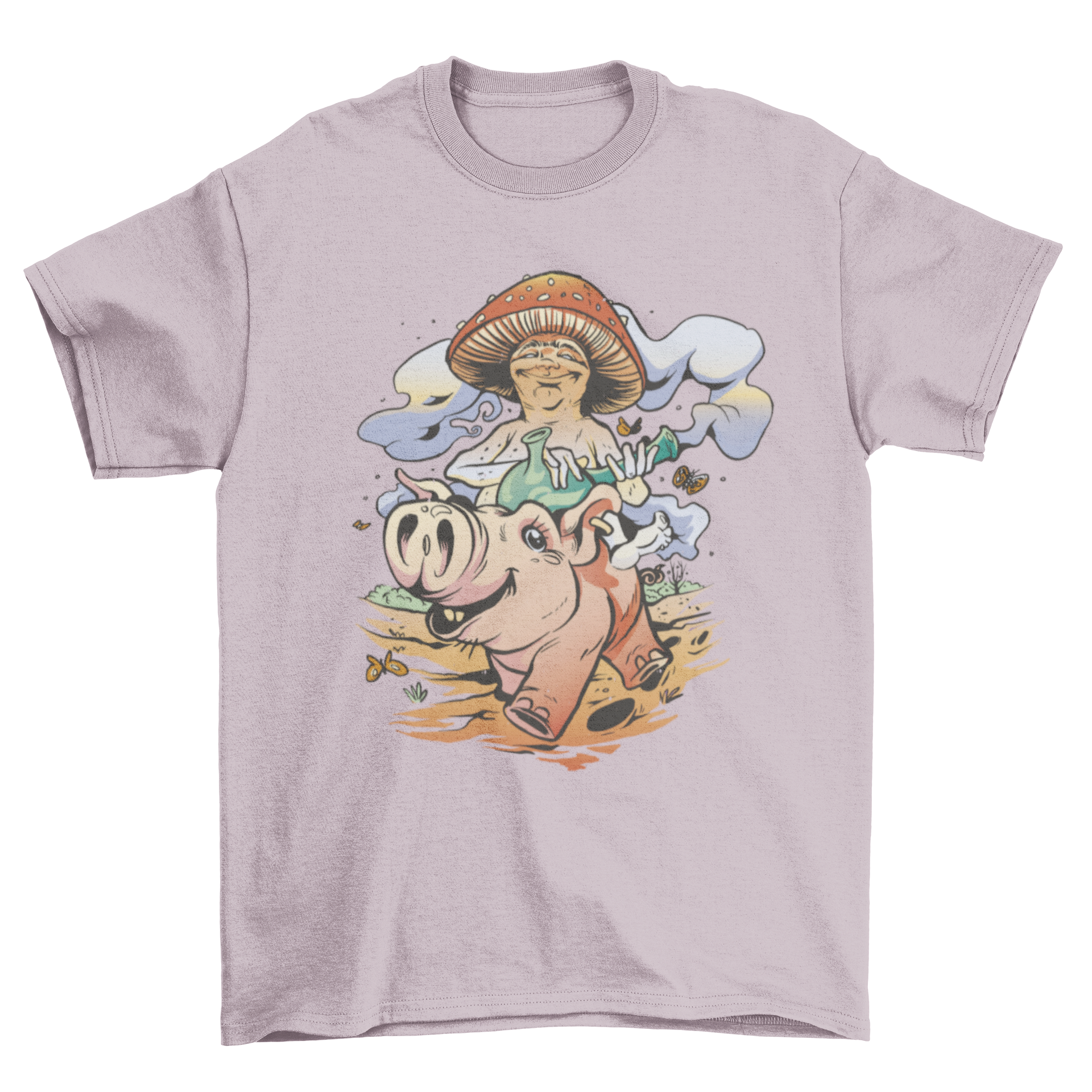 A colorful cartoon t-shirt featuring a mushroom with a bong riding on a pig, showcasing a fun and whimsical design.