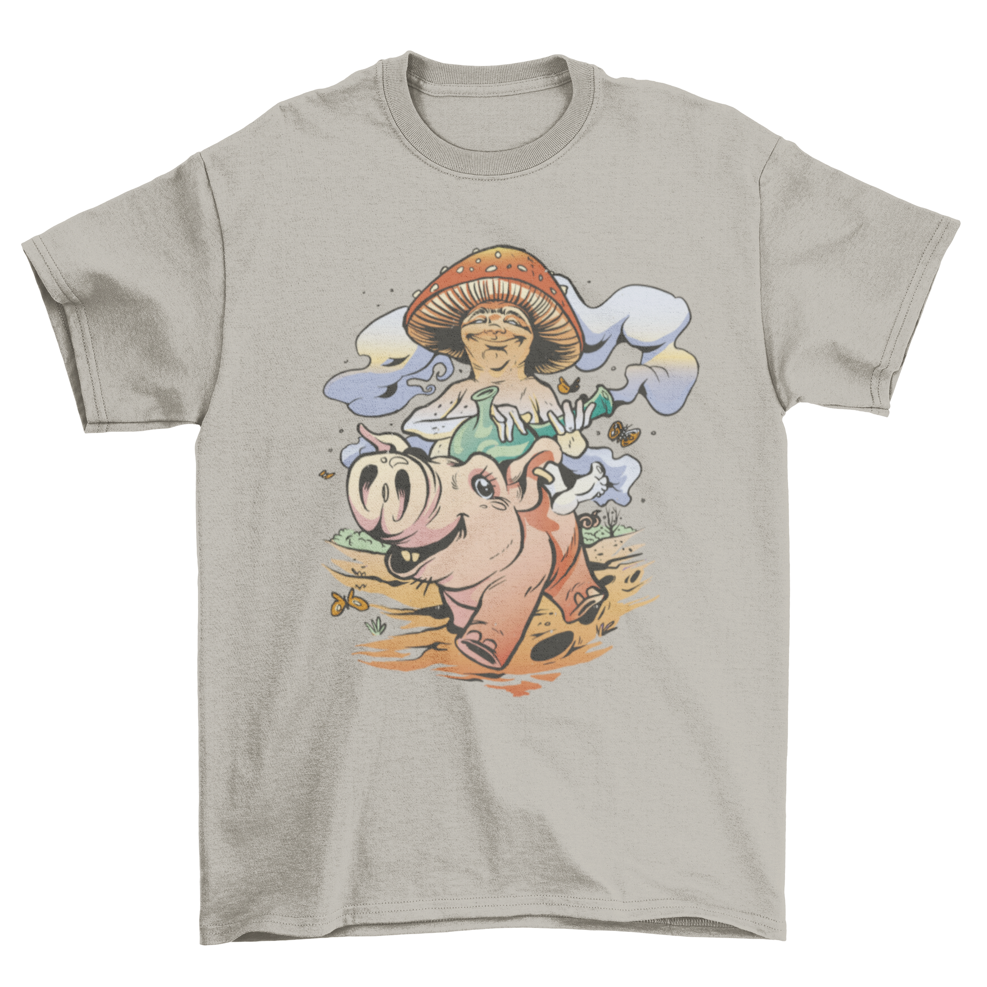 A colorful cartoon t-shirt featuring a mushroom with a bong riding on a pig, showcasing a fun and whimsical design.