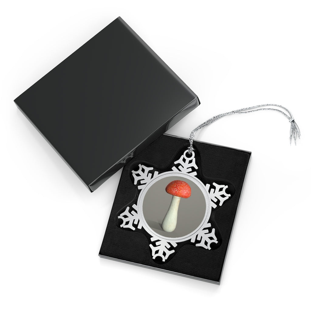 Mushroom Pewter Snowflake Ornament with silver-toned hanging string, showcasing intricate snowflake design.