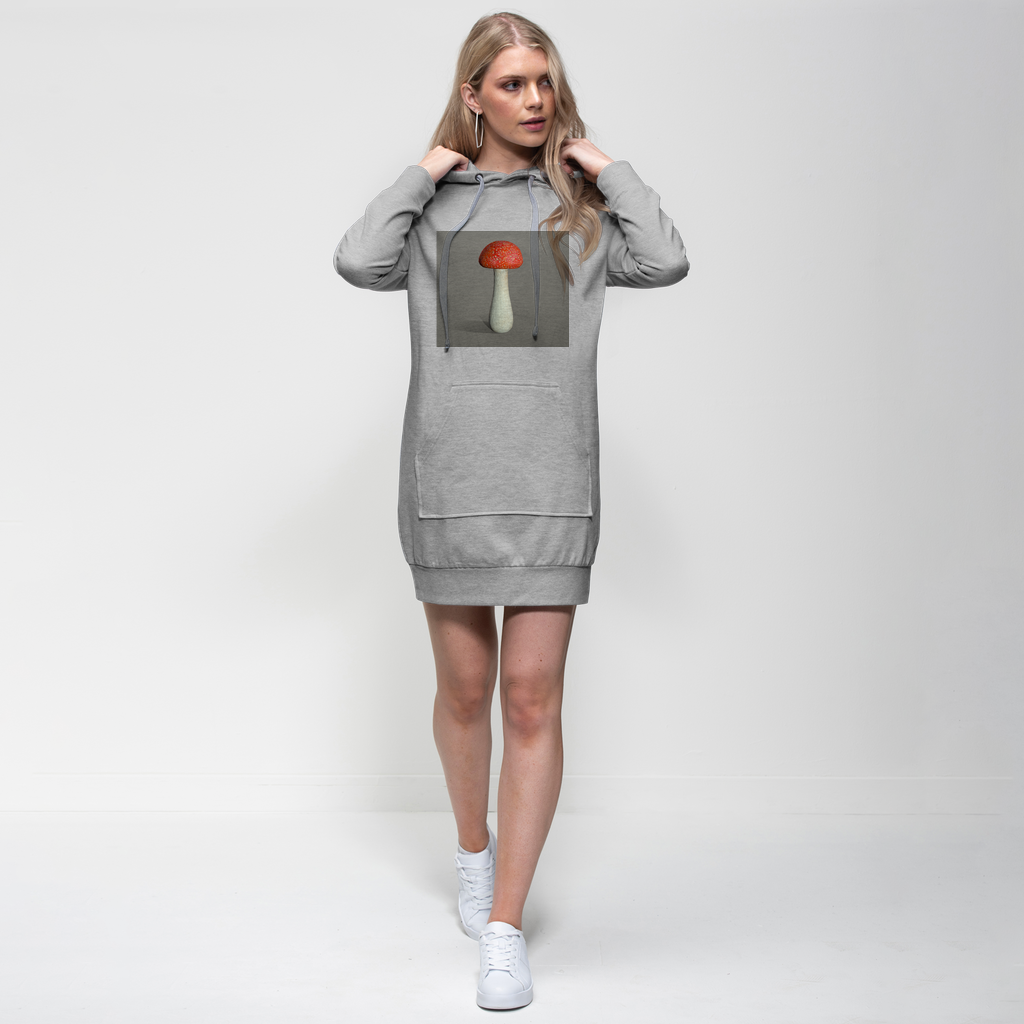 Mushroom Premium Adult Hoodie Dress featuring a hood, kangaroo pocket, and ribbed sleeves in a stylish design.