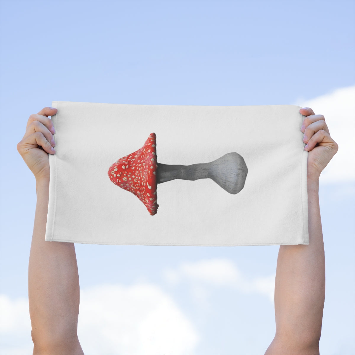 Mushroom Rally Towel, 11x18 inches, featuring soft cotton and printed mink polyester, ideal for sports and events.