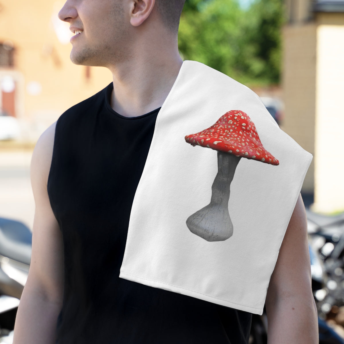 Mushroom Rally Towel, 11x18 inches, featuring soft cotton and printed mink polyester, ideal for sports and events.