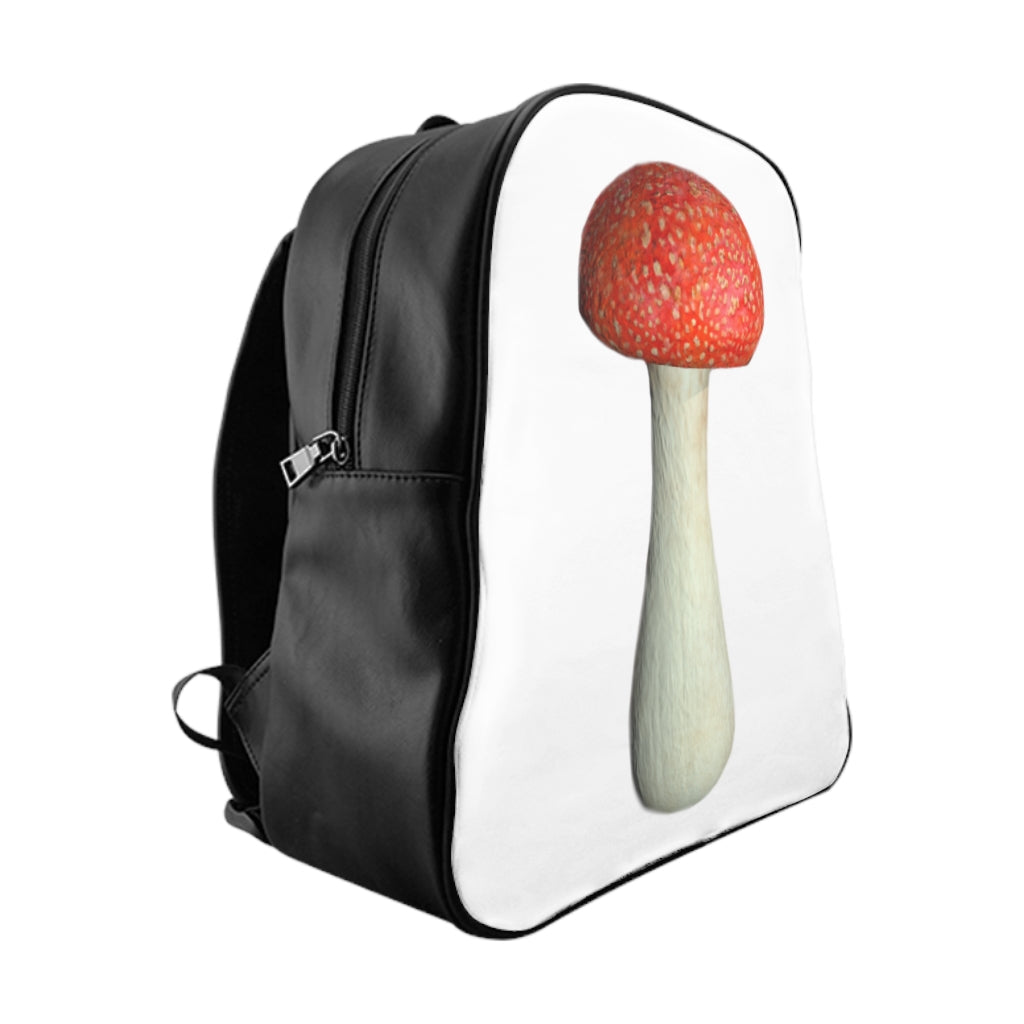 Mushroom School Backpack featuring a stylish mushroom print, padded back, and chocolate brown lining, perfect for school or everyday use.