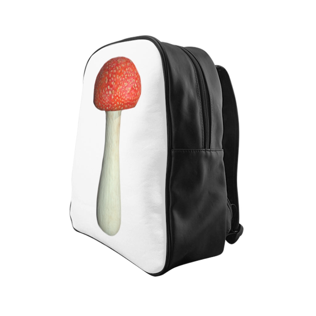 Mushroom School Backpack featuring a stylish mushroom print, padded back, and chocolate brown lining, perfect for school or everyday use.