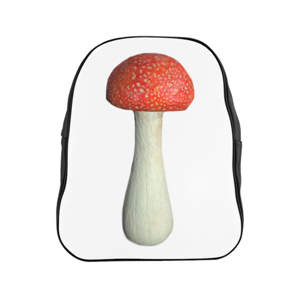 Mushroom School Backpack featuring a stylish mushroom print, padded back, and chocolate brown lining, perfect for school or everyday use.