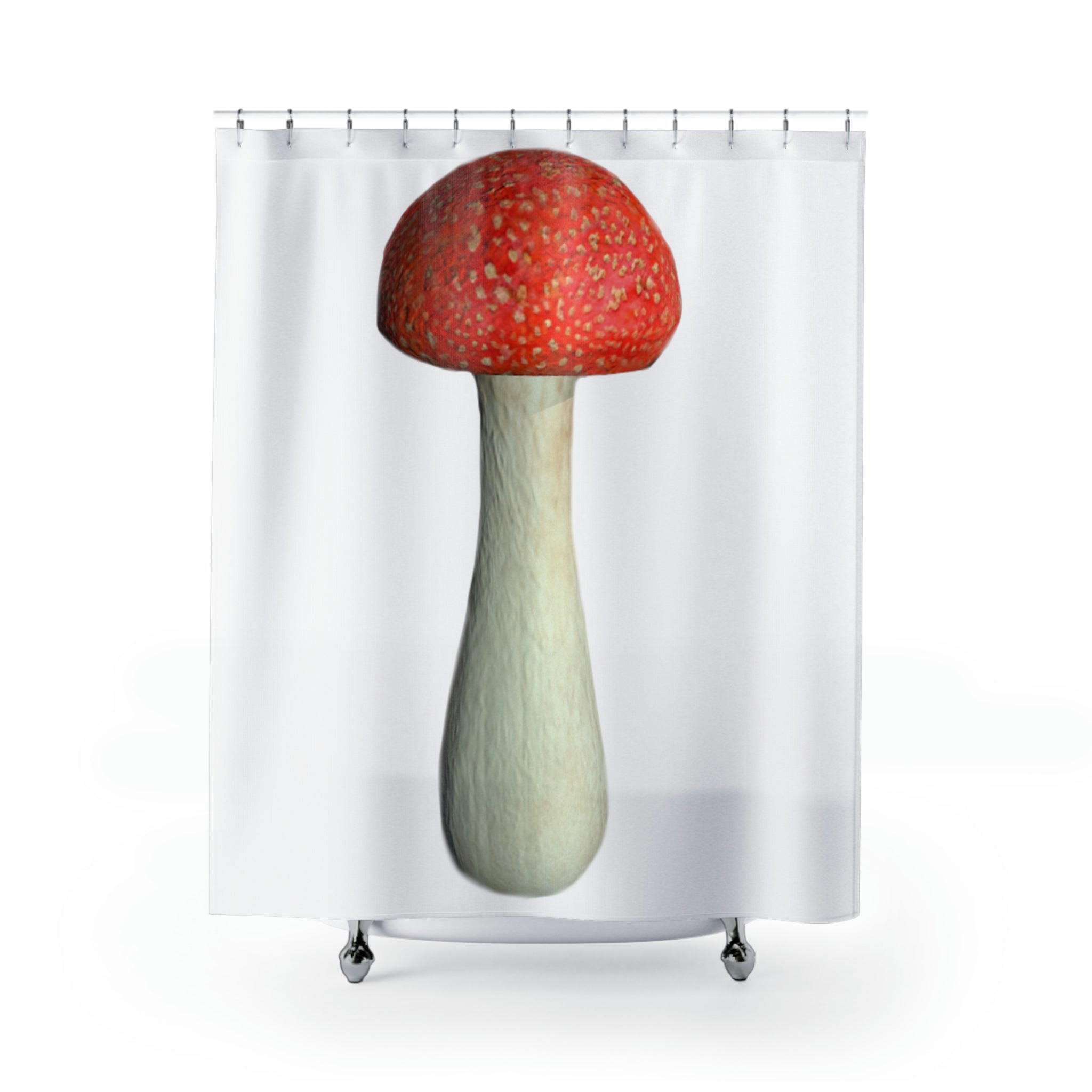 A vibrant mushroom-themed shower curtain made of durable polyester, showcasing colorful mushroom designs against a light background.