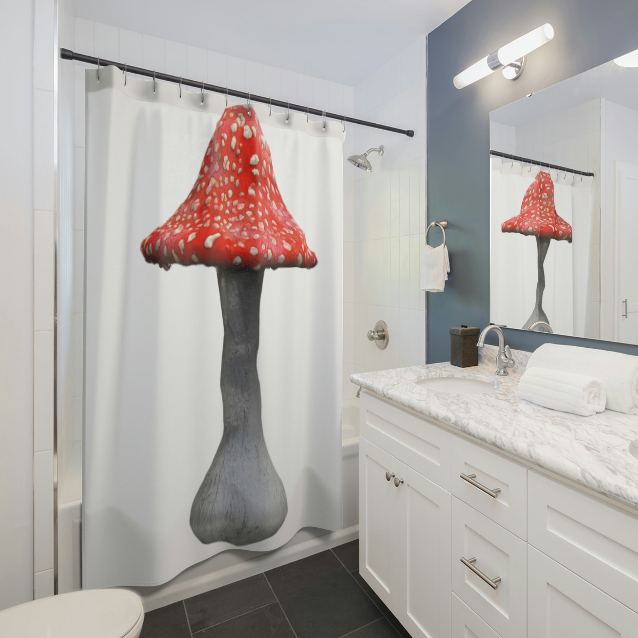 A colorful mushroom-themed shower curtain made of durable polyester, featuring vibrant prints and a whimsical design, perfect for bathroom decor.