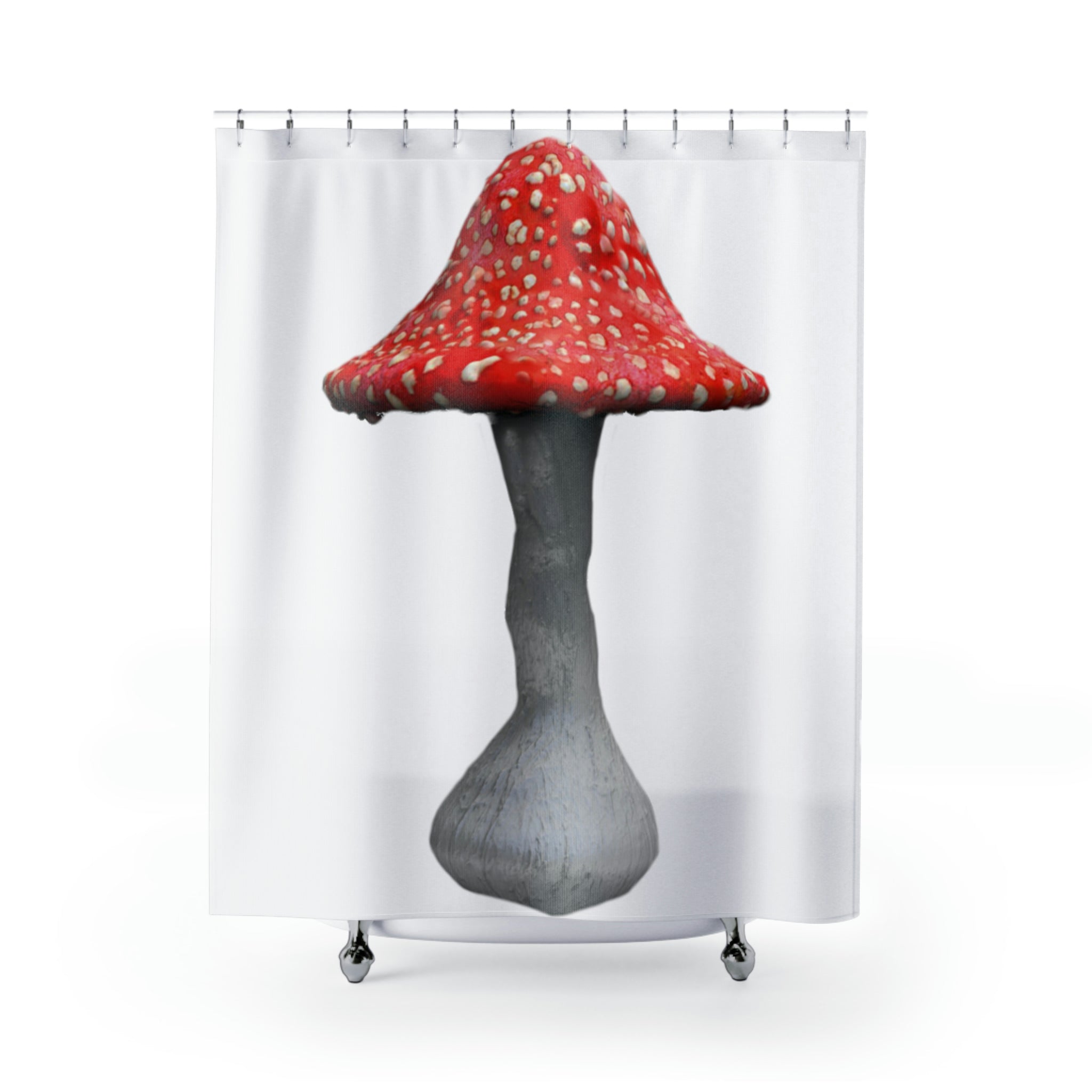 A colorful mushroom-themed shower curtain made of durable polyester, featuring vibrant prints and a whimsical design, perfect for bathroom decor.