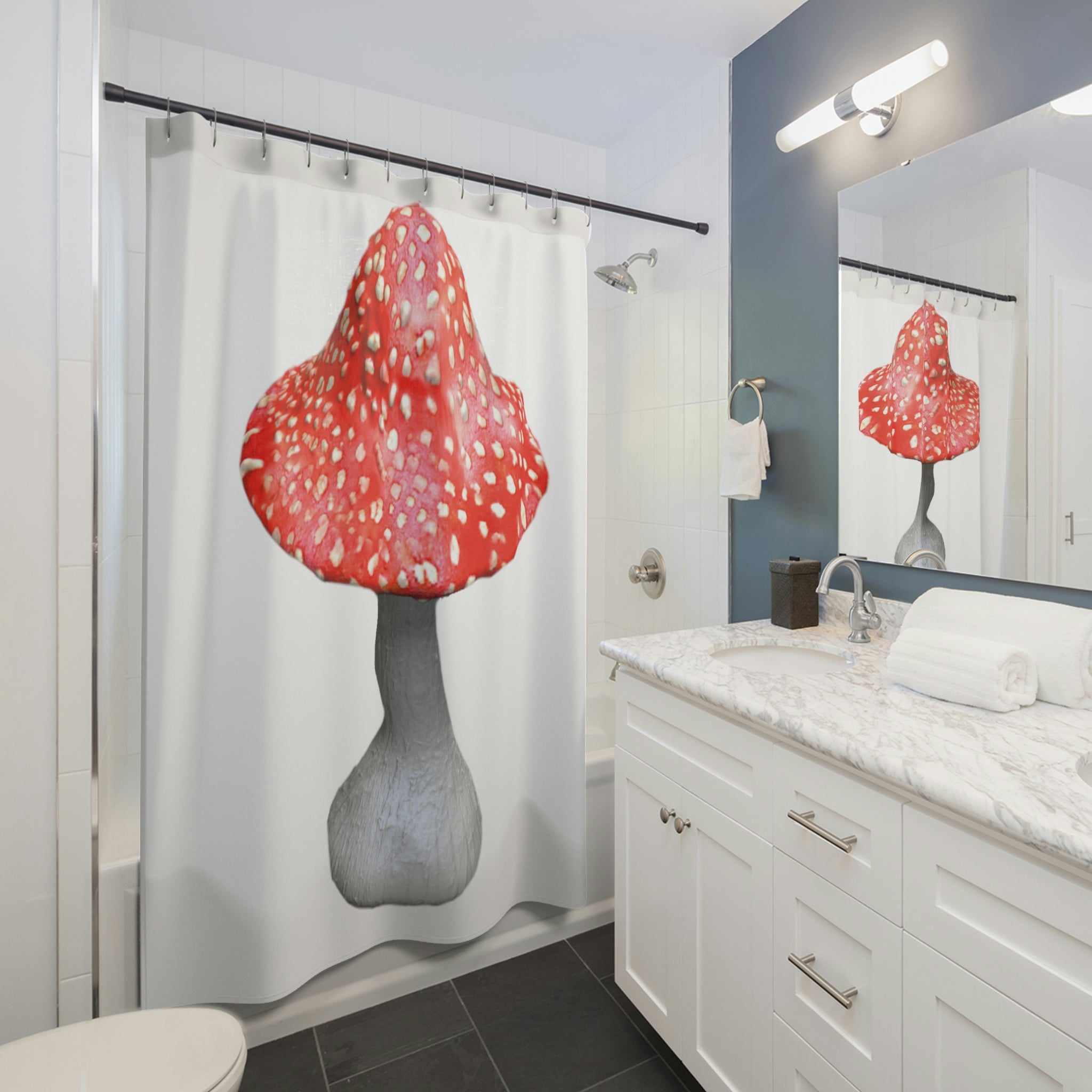 A vibrant mushroom-themed shower curtain made of durable polyester, showcasing colorful mushroom designs against a light background.