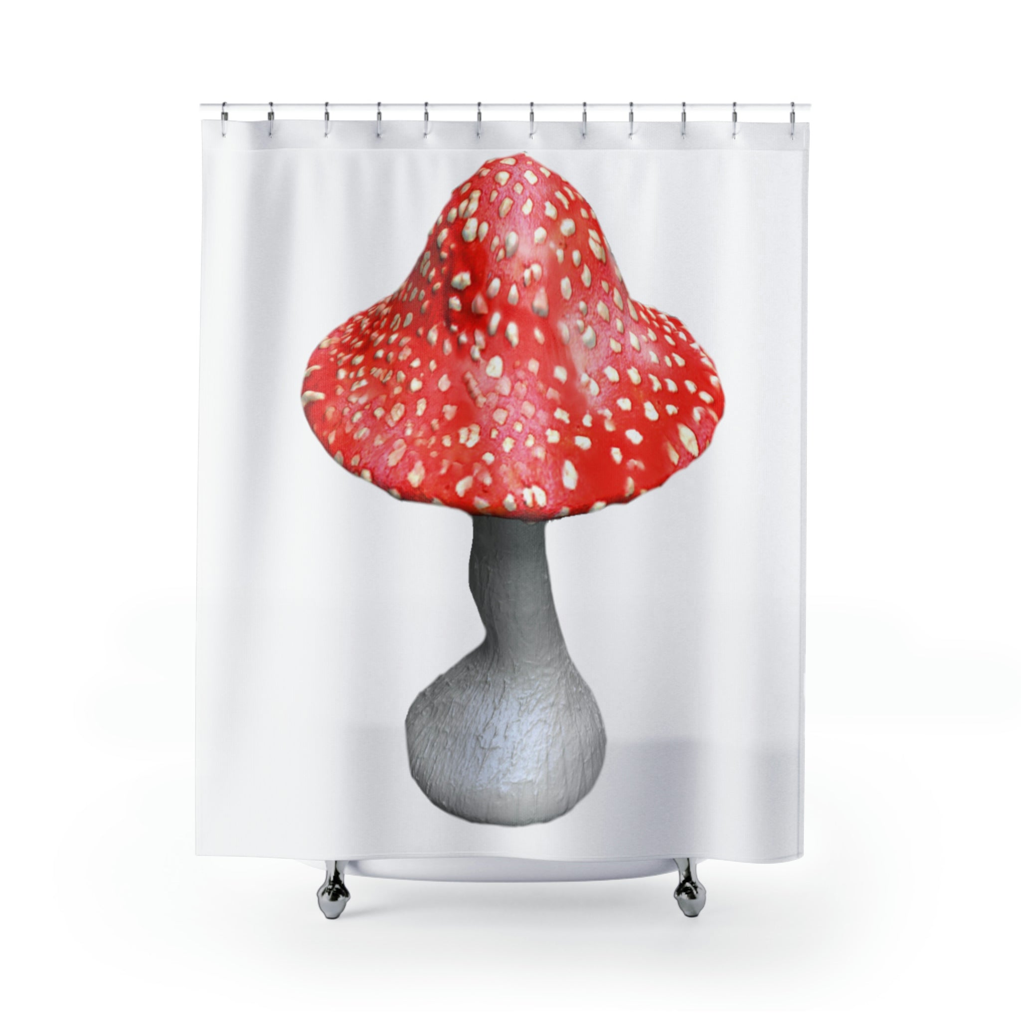 A vibrant mushroom-themed shower curtain made of durable polyester, showcasing colorful mushroom designs against a light background.