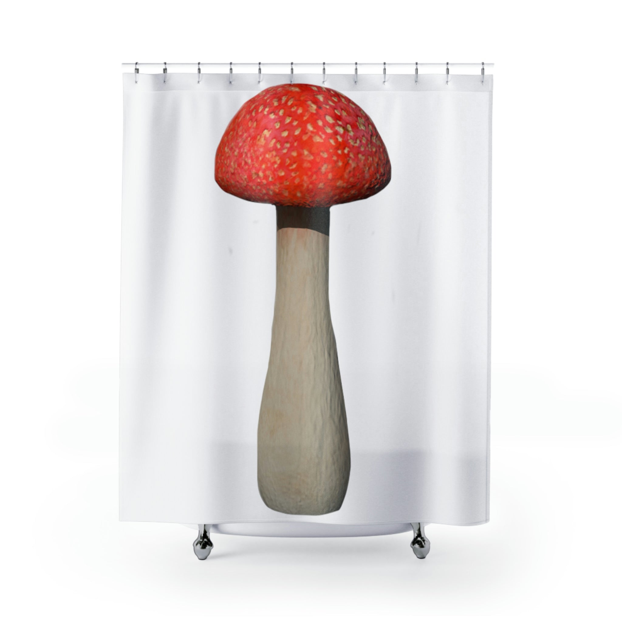 A vibrant mushroom-themed shower curtain made of durable polyester, showcasing colorful mushroom designs against a light background.