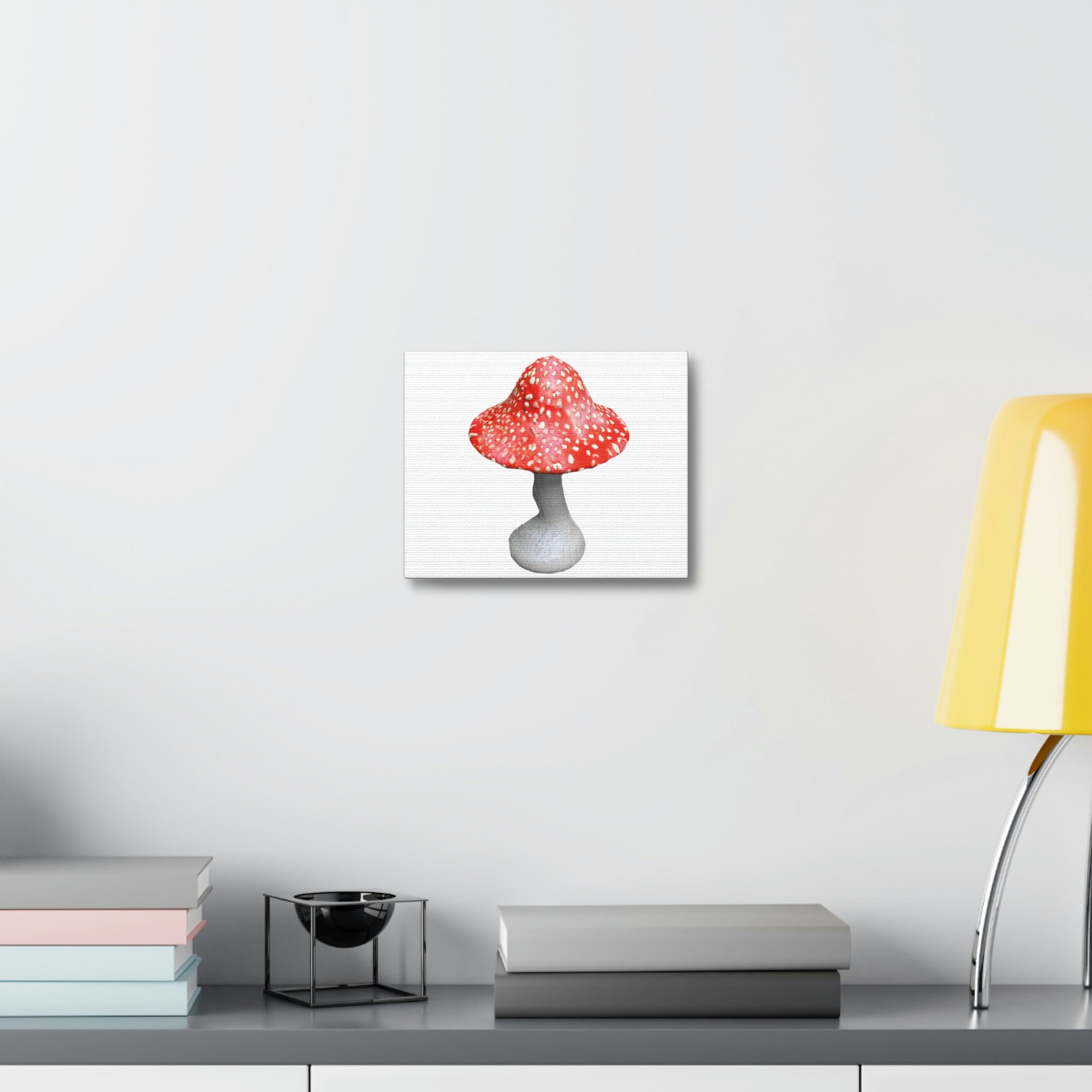 Mushroom Stretched Canvas art piece with vibrant colors and detailed print on a wooden frame, ideal for indoor decoration.