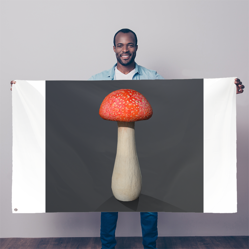 A colorful Mushroom Sublimation Flag measuring 5FT x 3FT, made from durable polyester fabric with double-stitched edges and eyelets for hanging.