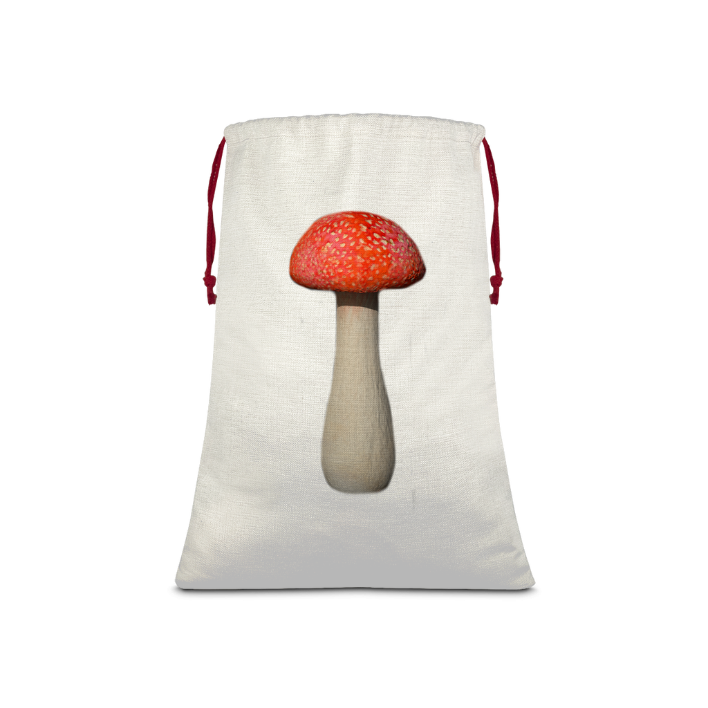 Mushroom Sublimation Linen Drawstring Sack with red drawstring, showcasing vibrant eco-friendly print and linen texture.