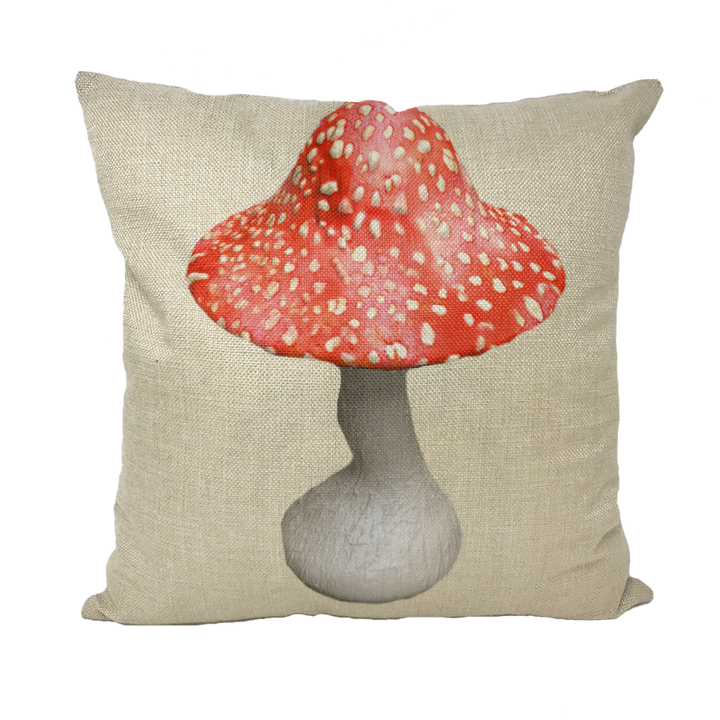 Mushroom Throw Pillows in various styles including linen, canvas, and suede, showcasing unique mushroom designs.