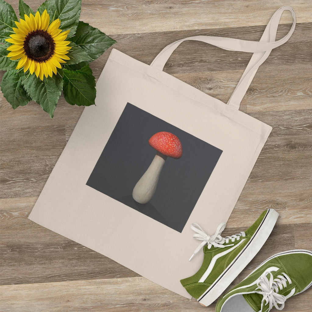 Mushroom Tote Bag made of 100% cotton with long handles and cross stitching, available in multiple colors.