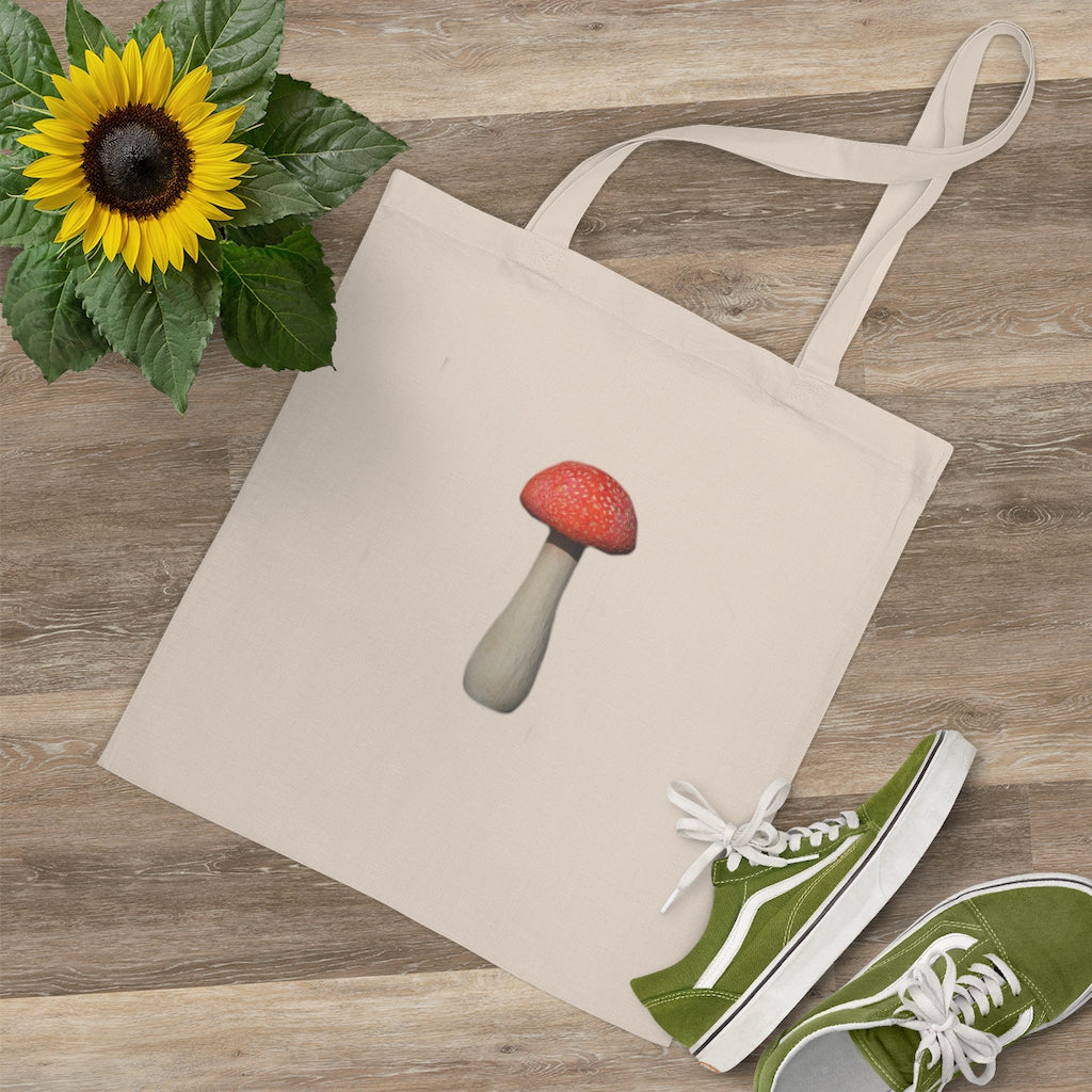 Mushroom Tote Bag made of 100% cotton with long handles and cross-stitched design, available in multiple colors.