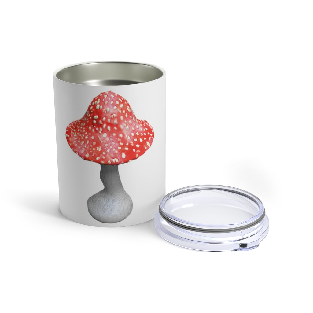 Mushroom Tumbler 10oz made of stainless steel with a see-thru plastic lid, showcasing its sleek design and rounded corners.