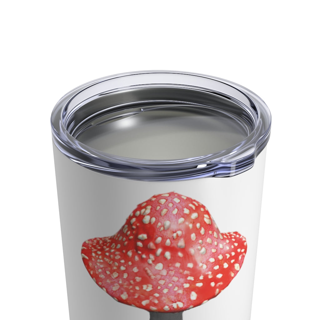 Mushroom Tumbler 10oz made of stainless steel with a see-thru plastic lid, showcasing its sleek design and rounded corners.