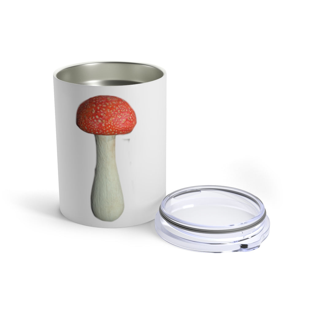 Mushroom Tumbler 10oz in stainless steel with a see-thru plastic lid, showcasing its sleek design and rounded corners.