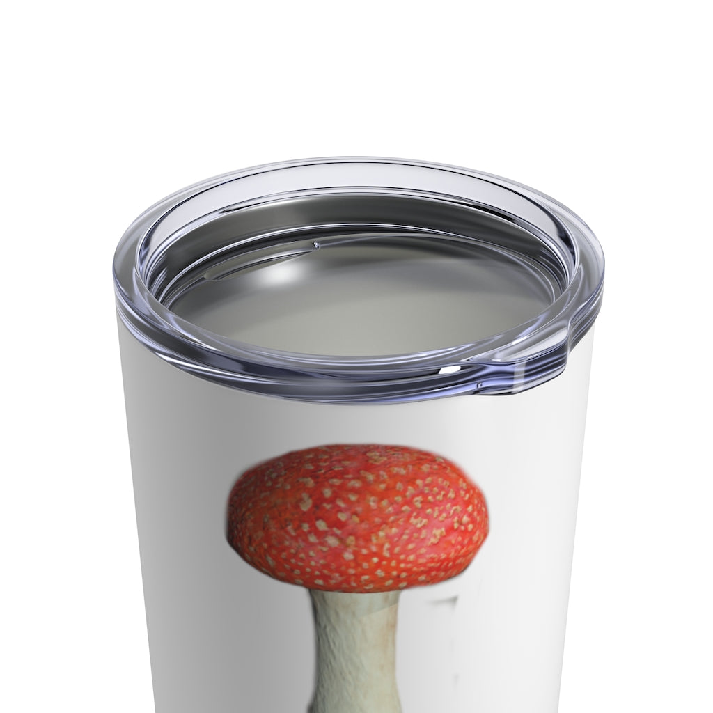 Mushroom Tumbler 10oz in stainless steel with a see-thru plastic lid, showcasing its sleek design and rounded corners.