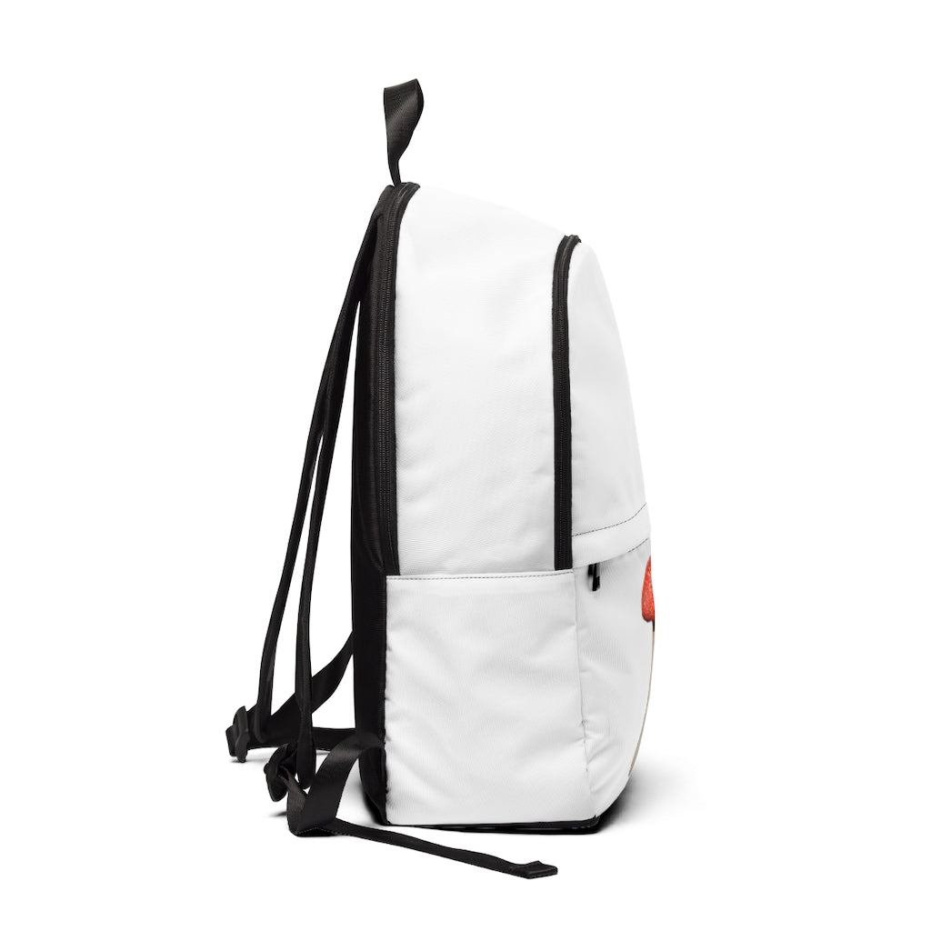 Mushroom Unisex Fabric Backpack in soft nylon, featuring adjustable straps and a padded back panel, ideal for school and travel.