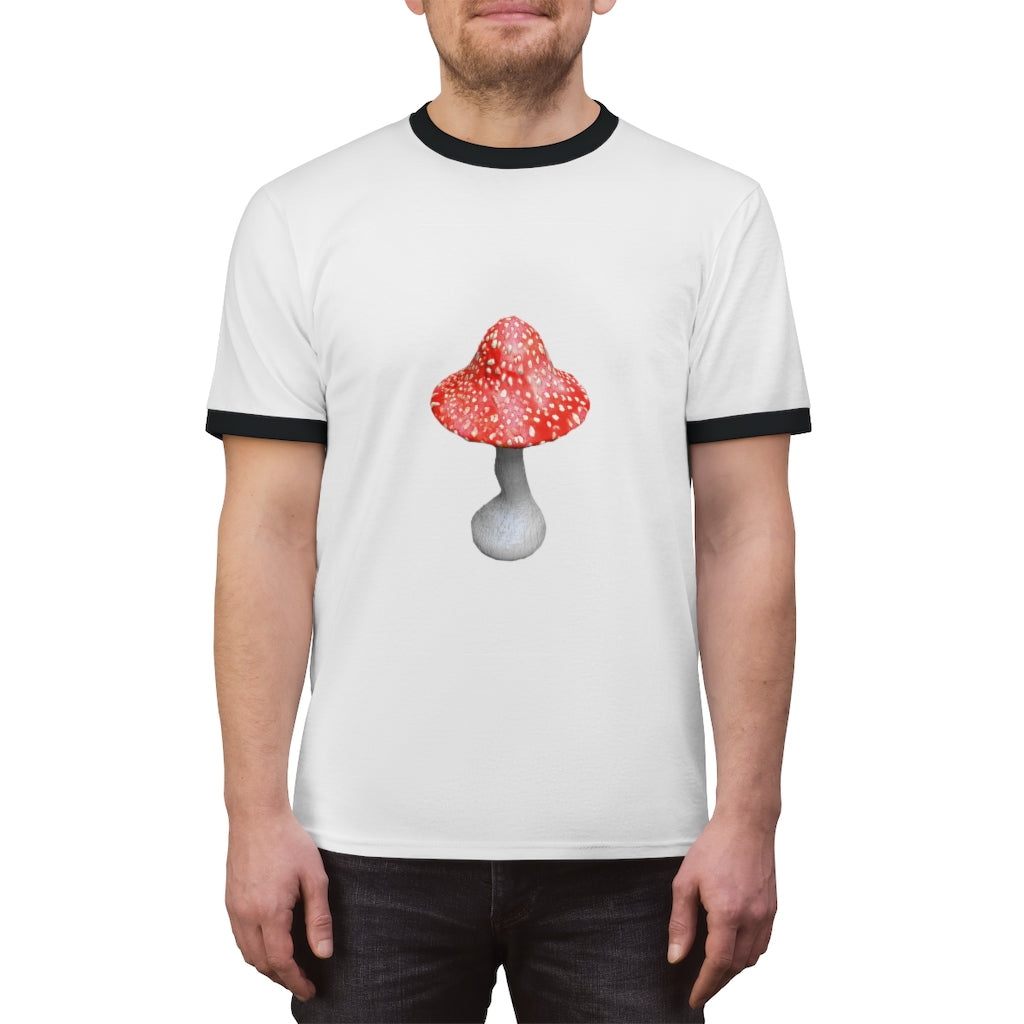 Mushroom Unisex Ringer Tee in various colors, showcasing its lightweight fabric and classic design.