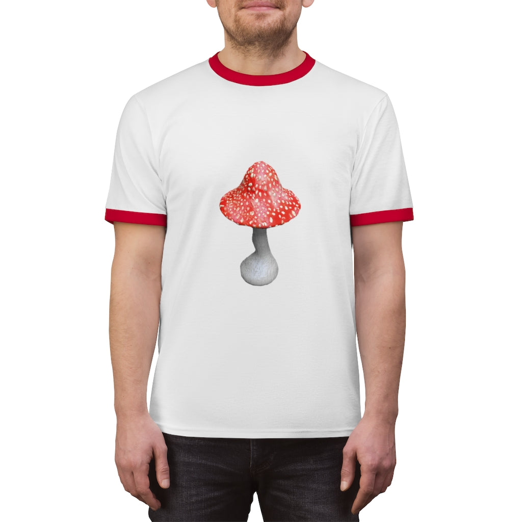 Mushroom Unisex Ringer Tee in various colors, showcasing its lightweight fabric and classic design.