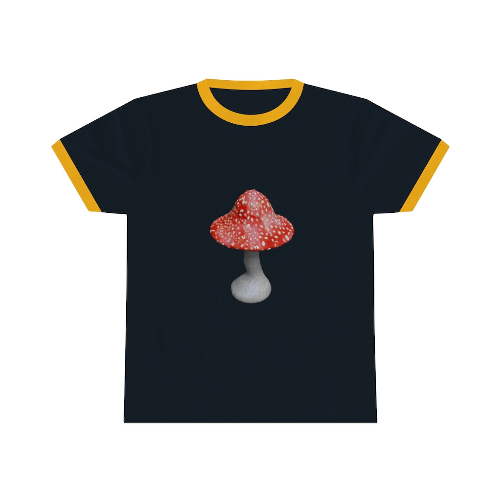 Mushroom Unisex Ringer Tee in various colors, showcasing its lightweight fabric and classic design.