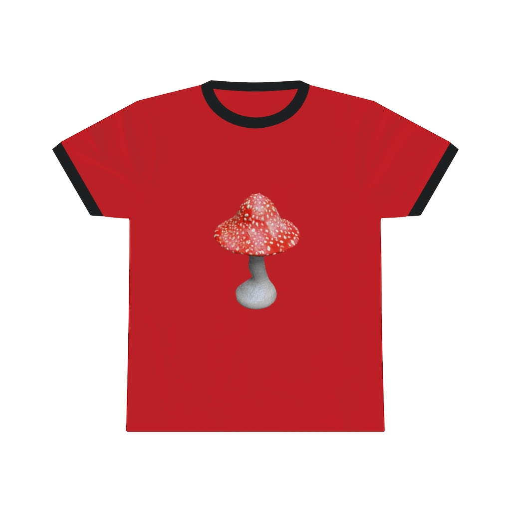 Mushroom Unisex Ringer Tee in various colors, showcasing its lightweight fabric and classic design.