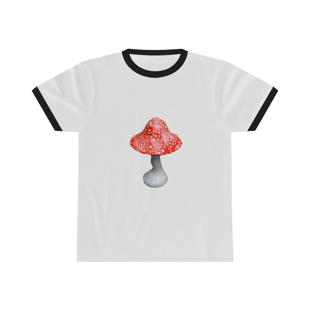 Mushroom Unisex Ringer Tee in various colors, showcasing its lightweight fabric and classic design.