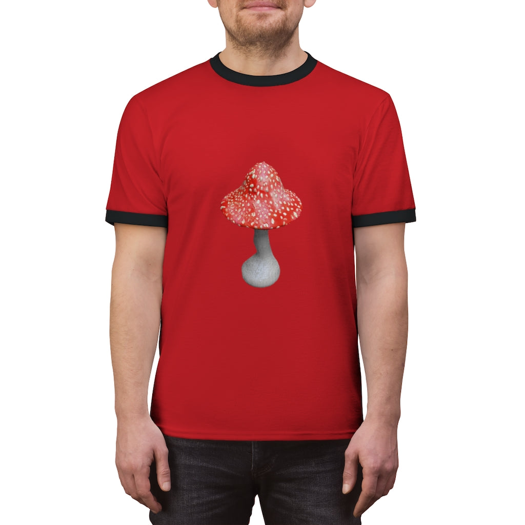 Mushroom Unisex Ringer Tee in various colors, showcasing its lightweight fabric and classic design.