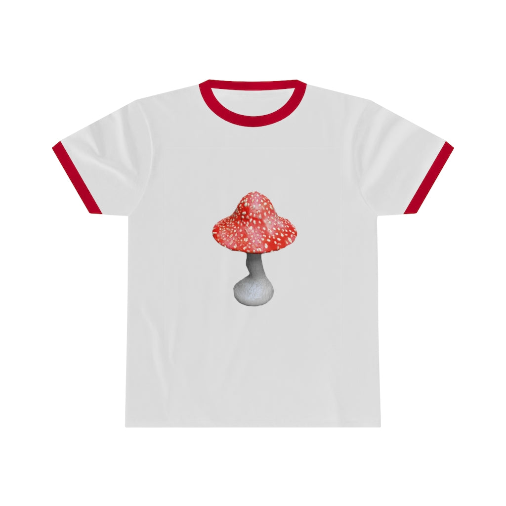 Mushroom Unisex Ringer Tee in various colors, showcasing its lightweight fabric and classic design.